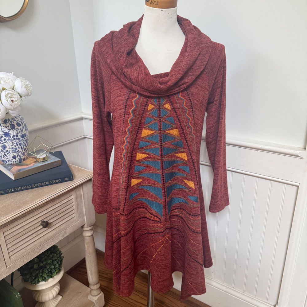 Uncle Frank Rust Red Marl Knit Cowl Neck Embroidered Tunic Dress Medium